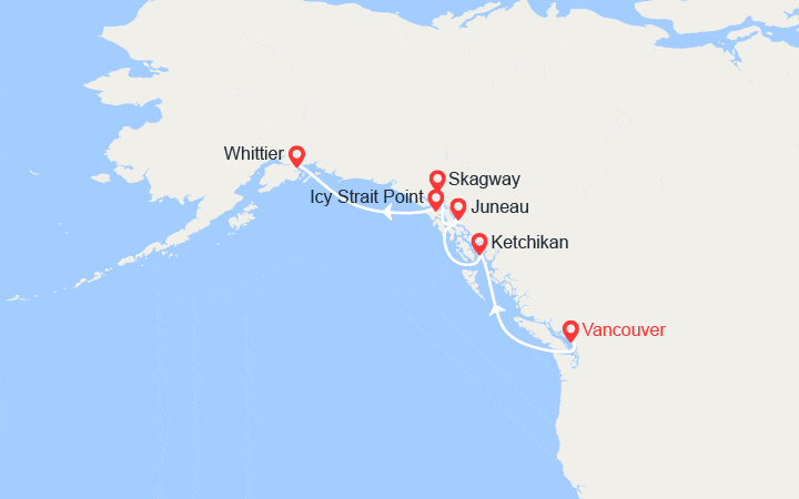 Carte itinéraire croisière Alaska : Whittier, Juneau, Ketchikan, Skagway