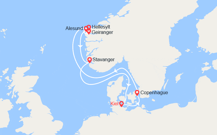 Carte itinéraire croisière Allemagne, Danemark, Norvège