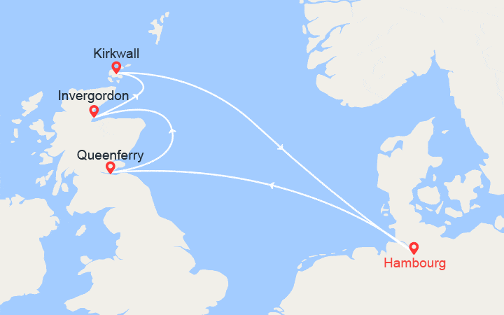 Carte itinéraire croisière Allemagne, Grande-Bretagne, Écosse