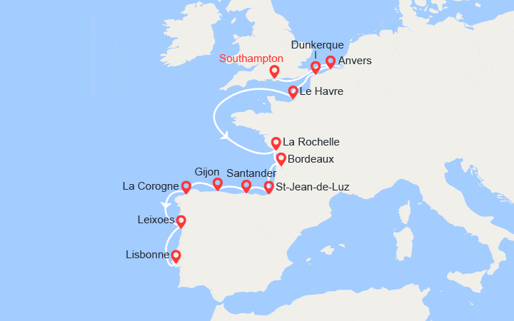 Carte itinéraire croisière Angleterre, Belgique, France, Espagne, Portugal