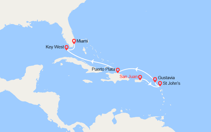 Carte itinéraire croisière Antigua et Barbuda, St Barthélemy, Rép. Dominicaine, États-Unis