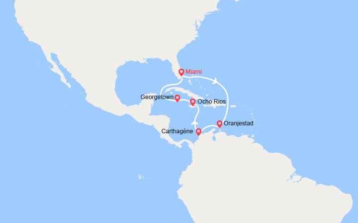 Carte itinéraire croisière Aruba, Colombie, Jamaïque, Iles Caïman