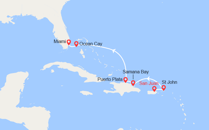 Carte itinéraire croisière Au rythme de la salsa, des feux d’artifice spectaculaires et du charme dominicain