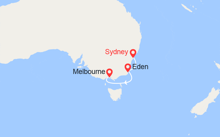 Carte itinéraire croisière Australie : Sydney, Eden, Melbourne