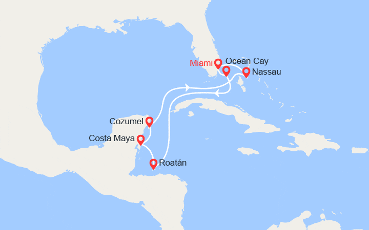 Carte itinéraire croisière Bahamas, Honduras, Mexique