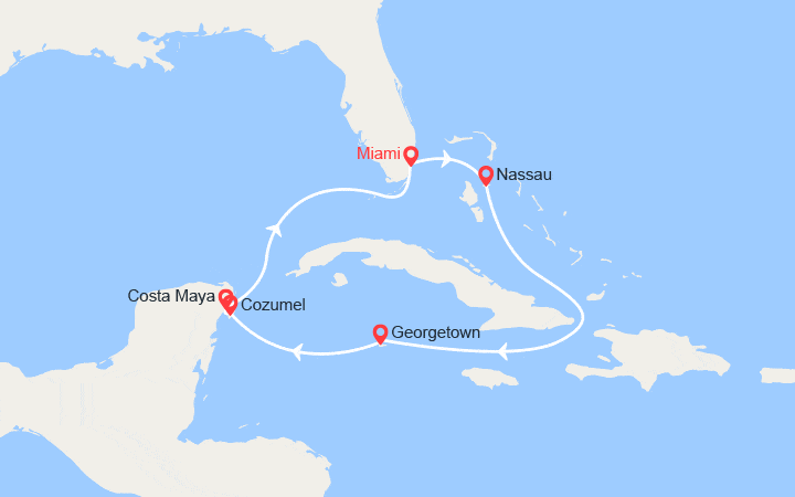 Carte itinéraire croisière Bahamas, Iles Caïman, Mexique