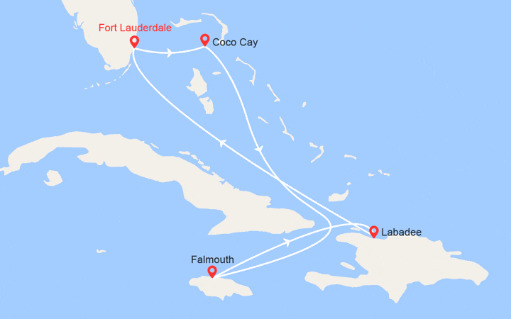 Carte itinéraire croisière Bahamas, Jamaïque, Haïti