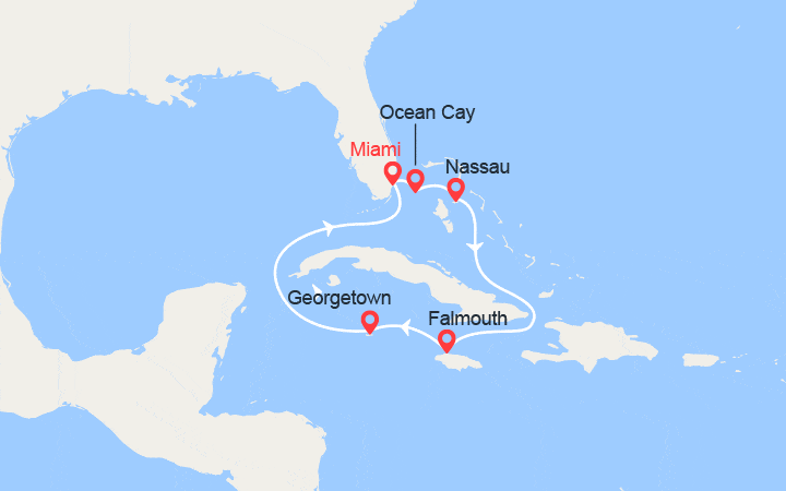 Carte itinéraire croisière Bahamas, Jamaïque, îles Caïmans