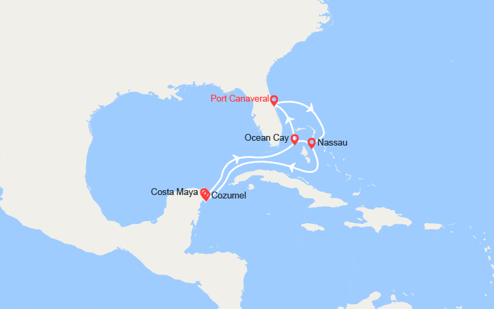 Carte itinéraire croisière Bahamas, Mexique