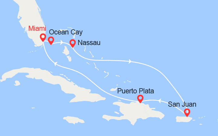 Carte itinéraire croisière Bahamas, Porto Rico, Rép. Dominicaine