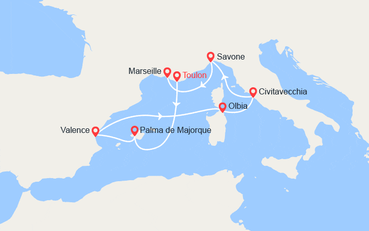 Carte itinéraire croisière Baléares, Espagne, Italie, Provence