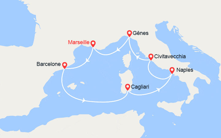 Carte itinéraire croisière Barcelone, Sardaigne, Italie