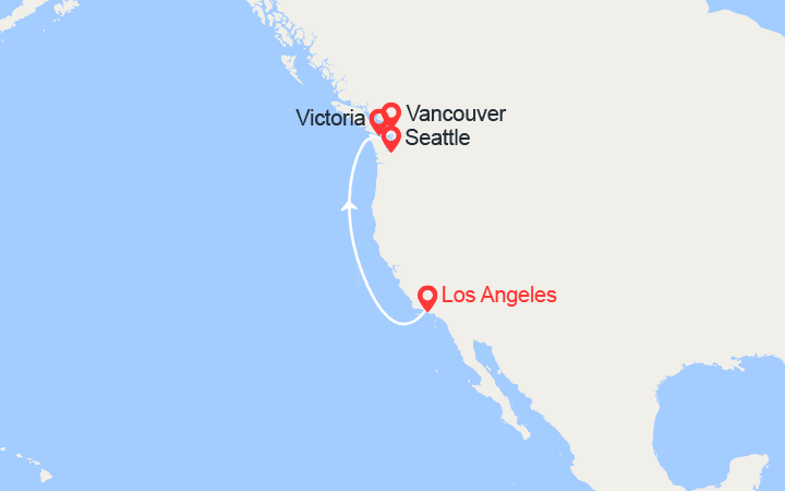 Carte itinéraire croisière Californie, Oregon et côte Ouest canadienne