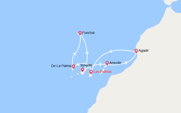 Carte itinéraire croisière Canaries, Espagne, Madère, Maroc