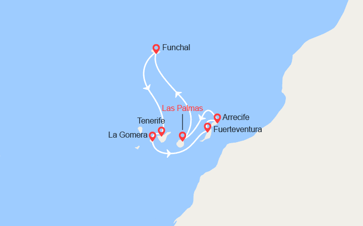 Carte itinéraire croisière Canaries, Madère, Espagne