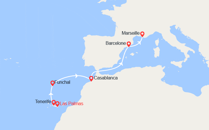 Carte itinéraire croisière Canaries, Madère, Maroc, Espagne, France