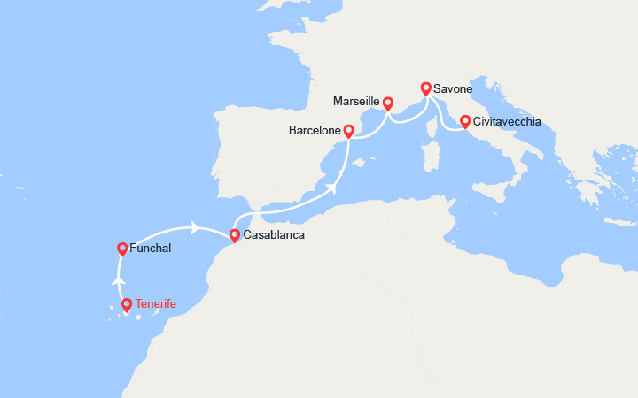 Carte itinéraire croisière Canaries, Madère, Maroc, Espagne, France, Italie