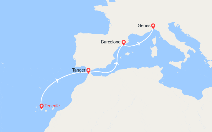 Carte itinéraire croisière Canaries, Maroc, Espagne, Italie