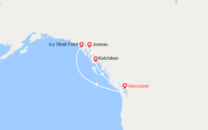 Carte itinéraire croisière Cap vers l'Alaska au départ de Vancouver