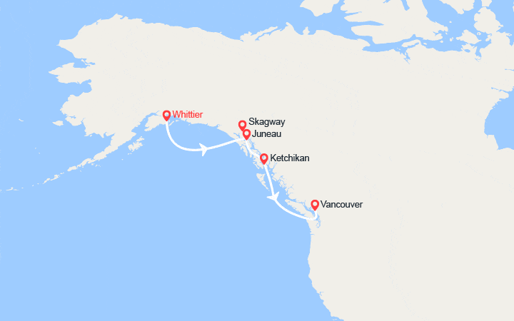 Carte itinéraire croisière Cap vers Vancouver au départ de l'Alaska
