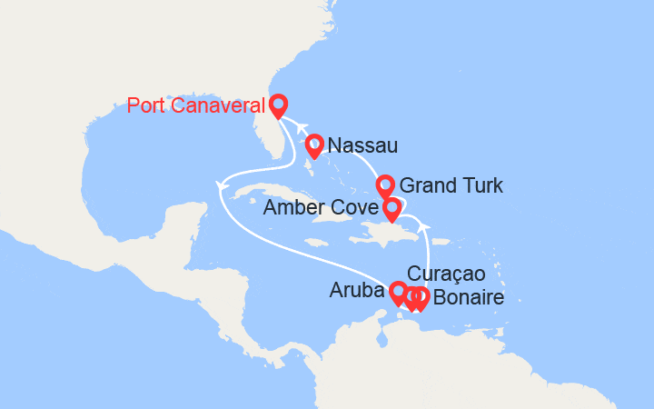 Carte itinéraire croisière Caraïbes : Aruba, Bonaire, Curaçao, Rép Dominicaine, Grand Turk, Bahamas