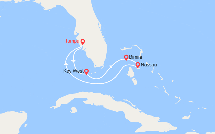 Carte itinéraire croisière Caraïbes : Bimini, Nassau, Tampa