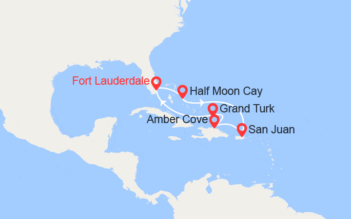 Carte itinéraire croisière Caraïbes de l'est : Bahamas, Porto Rico, Rép Dominicaine, Grand Turk