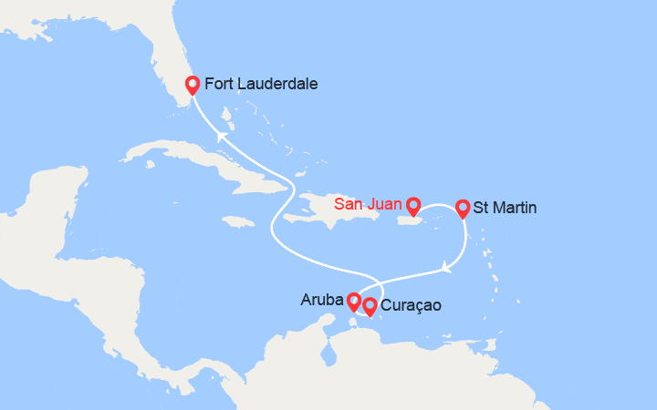 Carte itinéraire croisière Caraïbes du Sud : St Martin, Aruba, Curaçao