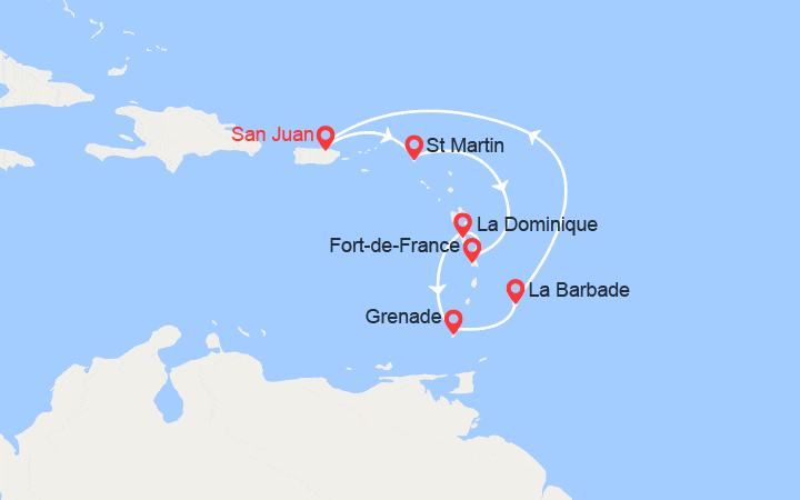 Carte itinéraire croisière Caraïbes du Sud : St Martin, Martinique, Dominique, Grenade, Barbade