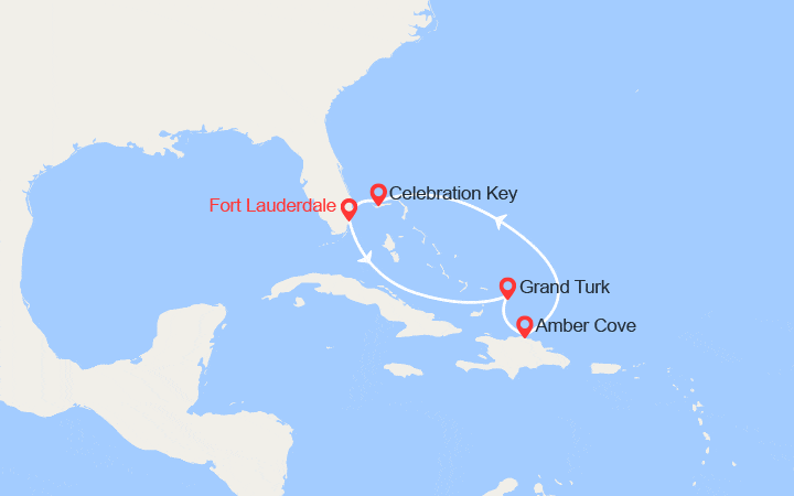 Carte itinéraire croisière Caraïbes Est : Grand Turk, Rép Dominicaine, Celebration Key