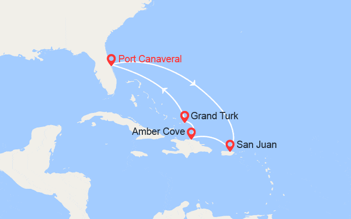 Carte itinéraire croisière Caraïbes Est : Porto Rico, Rép Dominicaine, Grand Turk