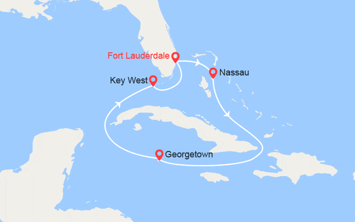 Carte itinéraire croisière Caraïbes : Grand Cayman,Bahamas, Nassau