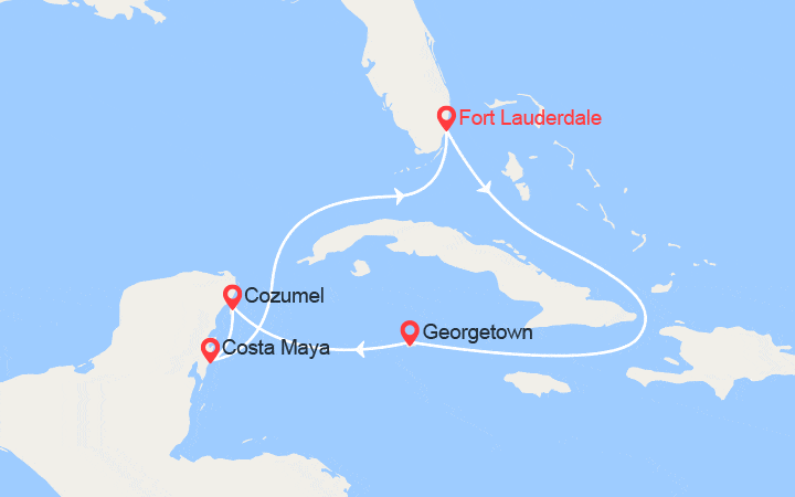 Carte itinéraire croisière Caraïbes : Grand Cayman, Cozumel, Key West