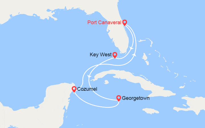 Carte itinéraire croisière Caraïbes : Key West, Jamaïque, Grand Cayman