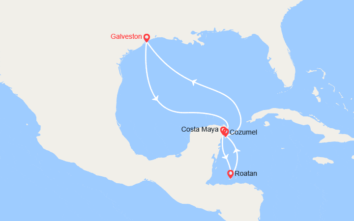 Carte itinéraire croisière Caraïbes : Mexique, Honduras