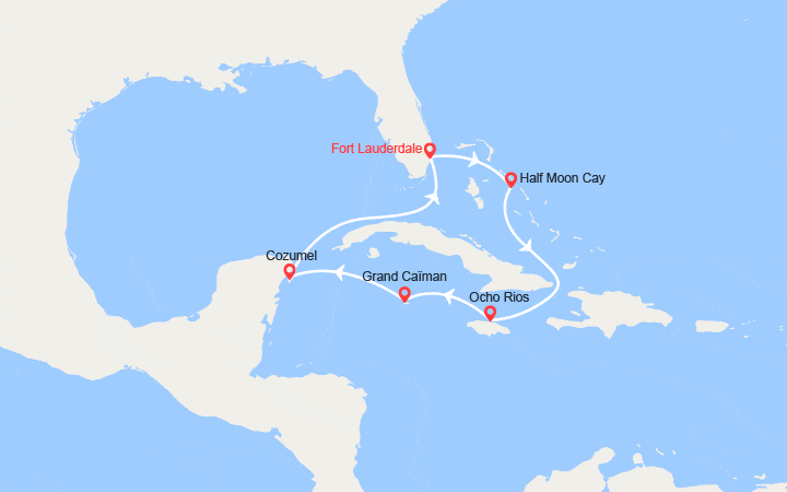 Carte itinéraire croisière Caraïbes Ouest : Mexique, Caïmans, Jamaïque, Half Moon Cay