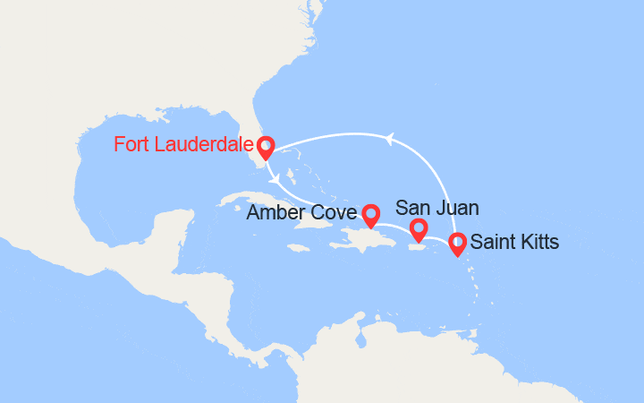 Carte itinéraire croisière Caraïbes : République dominicaine, Porto Rico & Saint-Kitts
