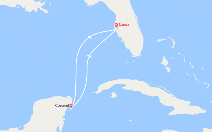 Carte itinéraire croisière Caraïbes : Tapam, Cozumel, Mexico, Tampa