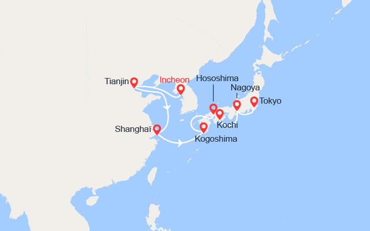 Carte itinéraire croisière Chine, Japon