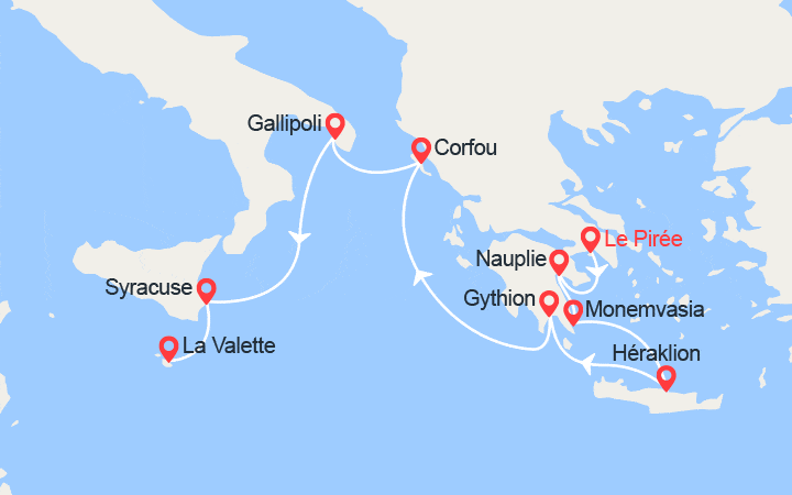 Carte itinéraire croisière Cités antiques de Méditerranée