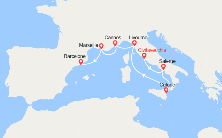 Carte itinéraire croisière Côte Amalfitaine, Sicile, Côte d'Azur