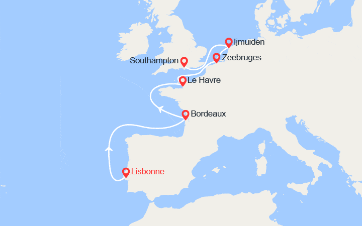 Carte itinéraire croisière Côte Atlantique & Europe du nord : de Lisbonne à Southampton