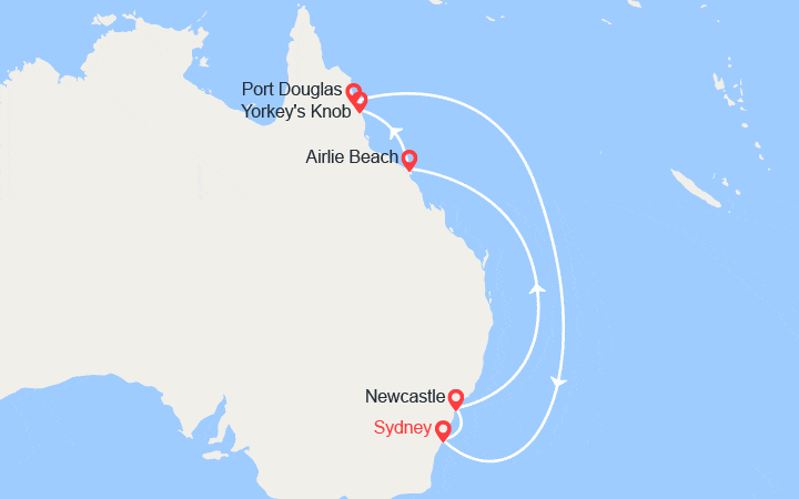 Carte itinéraire croisière Côte Est australienne : Airlie Beach, Cairns, Port Douglas, Willis Island, Newcastle