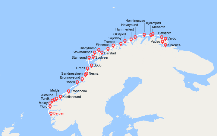 Carte itinéraire croisière Côte norvégienne : de Bergen à Kirkenes