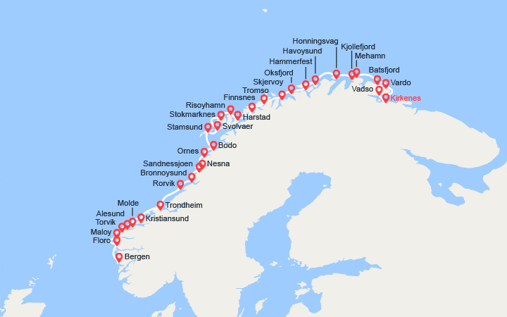 Carte itinéraire croisière Côte norvégienne : de Kirkenes à Bergen