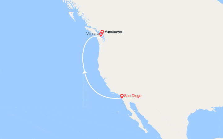 Carte itinéraire croisière Côte Pacifique : de San Diego à Vancouver