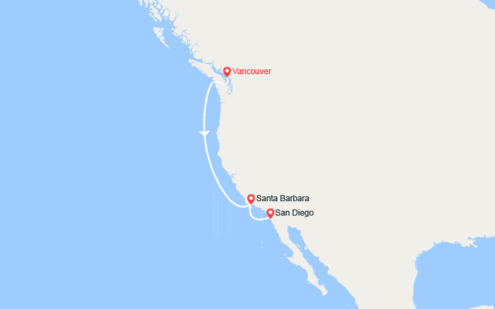 Carte itinéraire croisière Côte Pacifique : Vancouver, San Francisco, San Diego