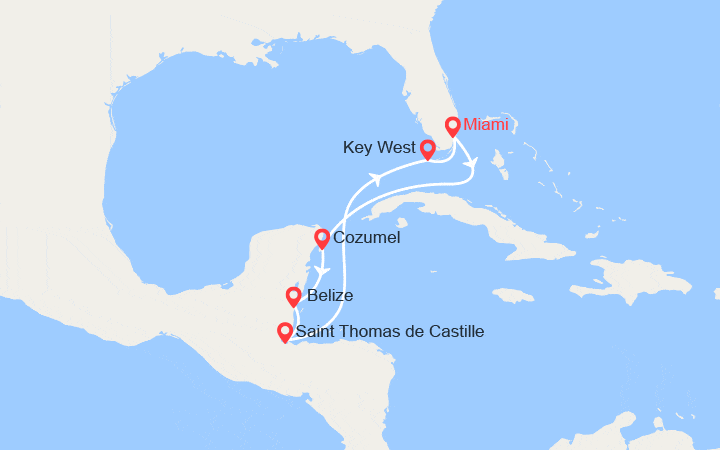 Carte itinéraire croisière Cozumel, Mérida, Key West