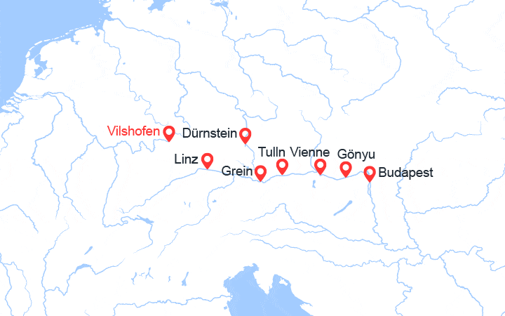 Carte itinéraire croisière Croisière Danube : de Vilshofen à Budapest via Linz, Vienne et la vallée de la Wachau