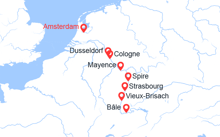 Carte itinéraire croisière Croisière sur le Rhin : d’Amsterdam à Basel via Cologne et Strasbourg